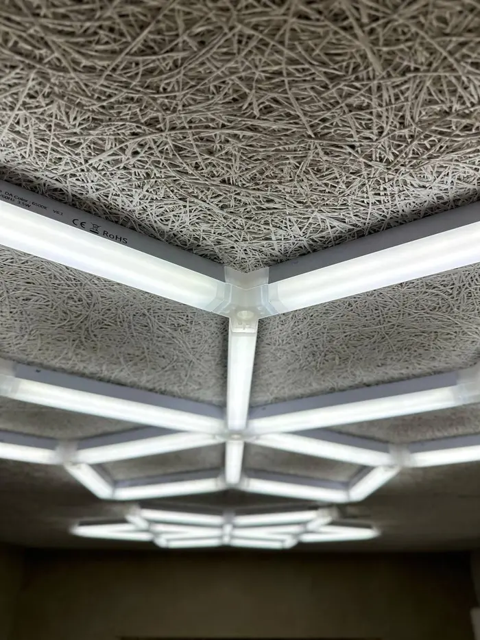 Travertine and oak details inside the clinic