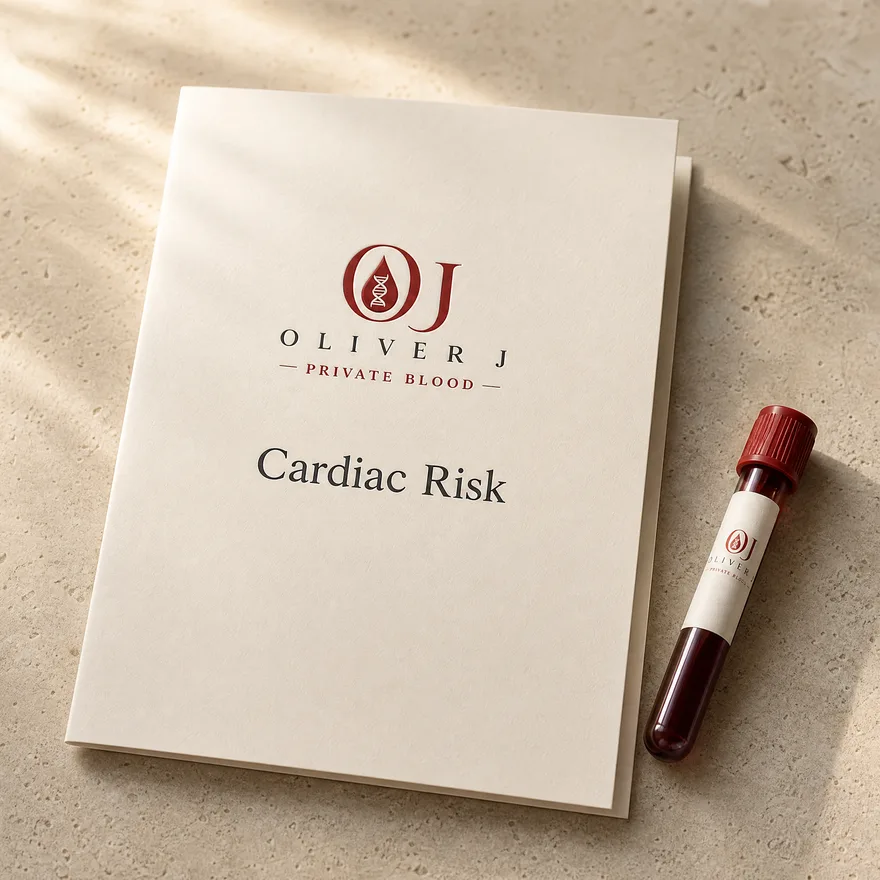 Cardiac Risk test: Oliver J Private Blood presentation folder and sample vial