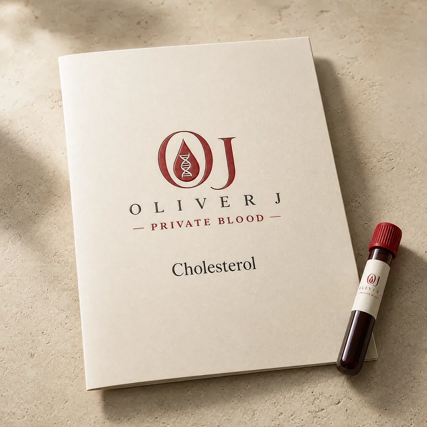 Cholesterol test: Oliver J Private Blood presentation folder and sample vial
