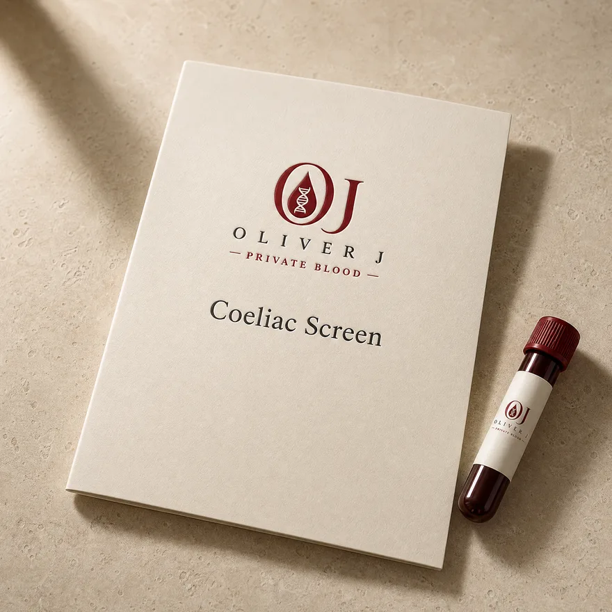 Coeliac Screen test: Oliver J Private Blood presentation folder and sample vial