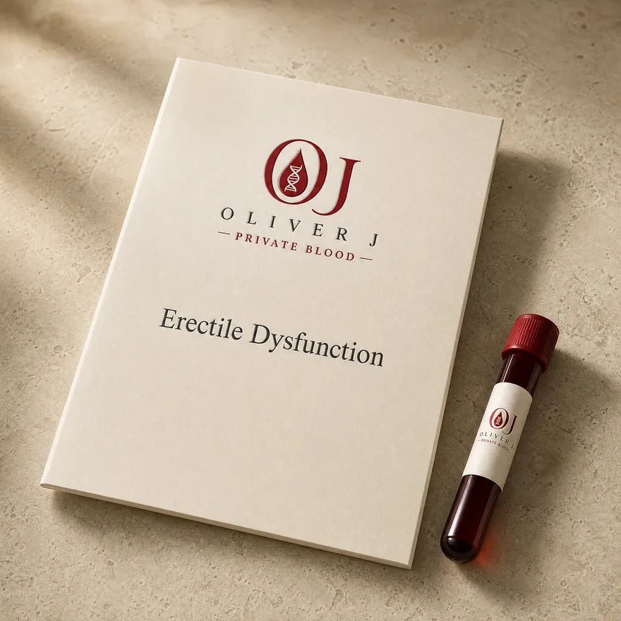 Erectile Dysfunction test: Oliver J Private Blood presentation folder and sample vial