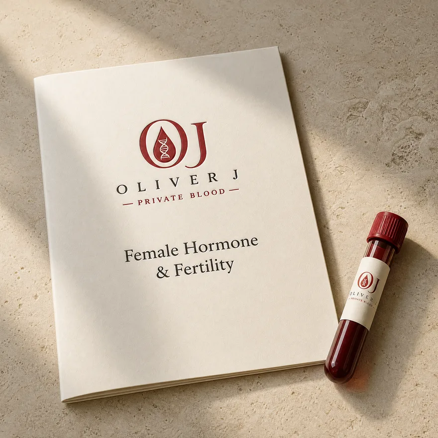 Female Hormone & Fertility test: Oliver J Private Blood presentation folder and sample vial