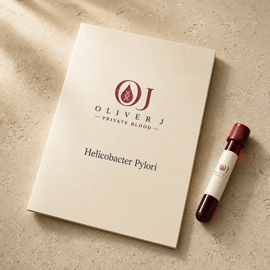 Helicobacter Pylori test: Oliver J Private Blood presentation folder and sample vial