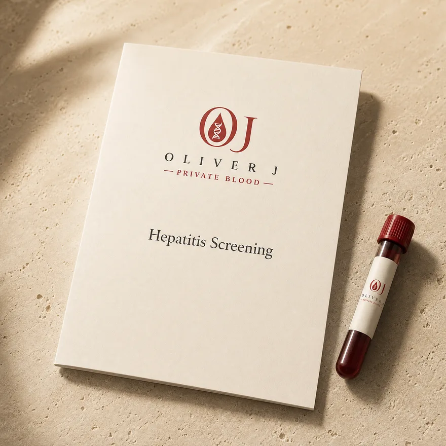 Hepatitis Screening test: Oliver J Private Blood presentation folder and sample vial