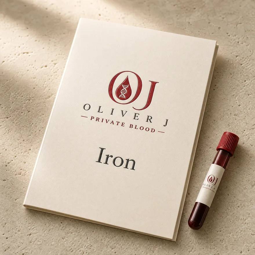 Iron test: Oliver J Private Blood presentation folder and sample vial