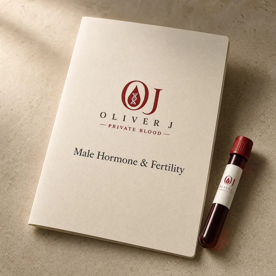 Male Hormone & Fertility test: Oliver J Private Blood presentation folder and sample vial