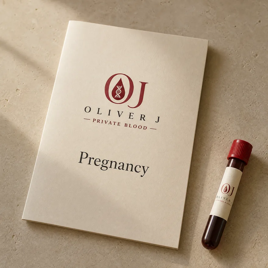 Pregnancy test: Oliver J Private Blood presentation folder and sample vial