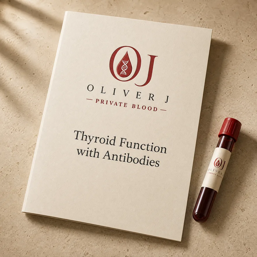 Thyroid Function with Antibodies test: Oliver J Private Blood presentation folder and sample vial