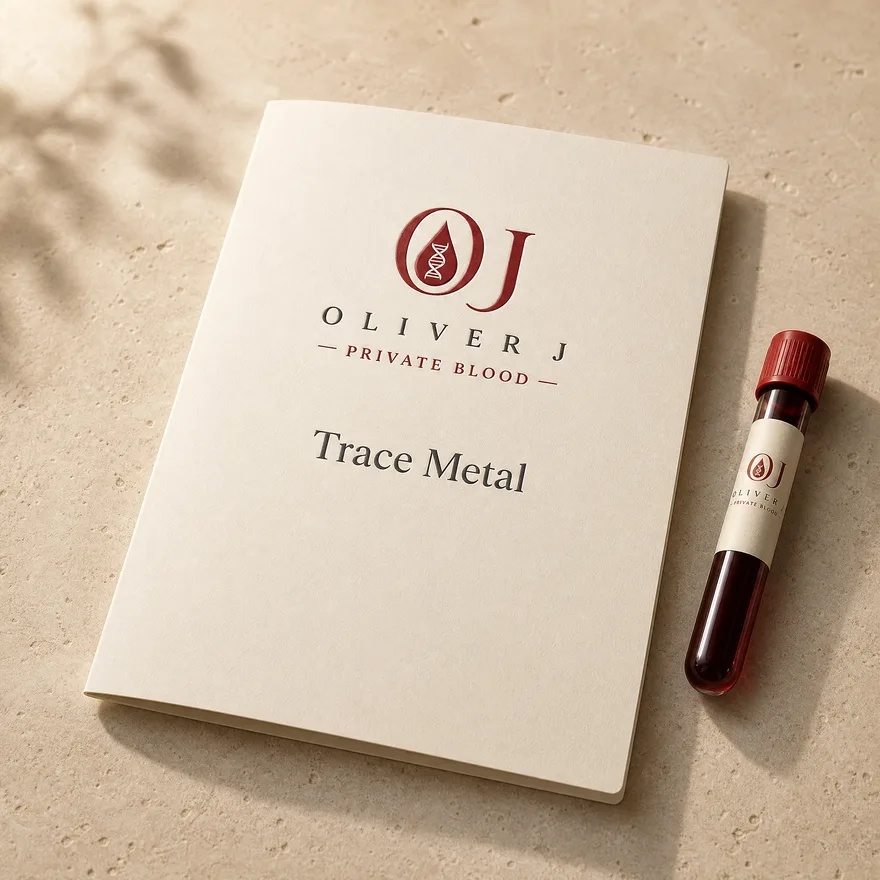 Trace Metal test: Oliver J Private Blood presentation folder and sample vial